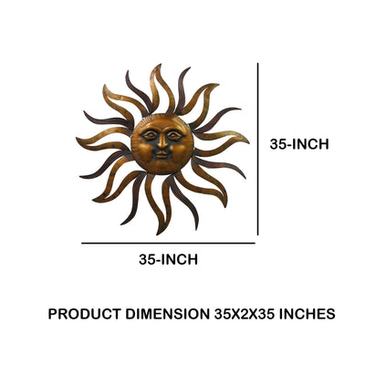 BENZARA 35 Inch Round Hanging Metal Sun Wall Art Decor with Facial Details, Bronze - BM07981