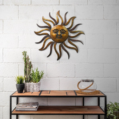 BENZARA 35 Inch Round Hanging Metal Sun Wall Art Decor with Facial Details, Bronze - BM07981