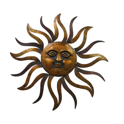 BENZARA 35 Inch Round Hanging Metal Sun Wall Art Decor with Facial Details, Bronze - BM07981