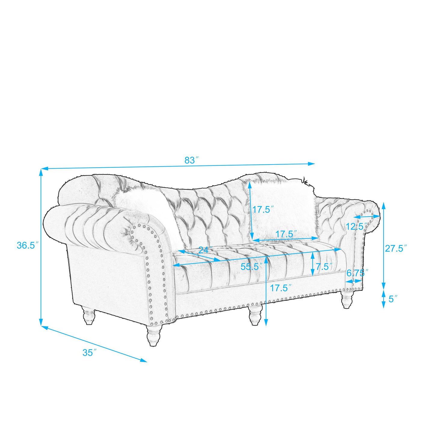 3 Piece Living Room Sofa Set, including 3-Seater Sofa, Loveseat and Sofa Chair, with Button and Copper Nail on Arms and Back, Five White Villose Pillow, Blue.