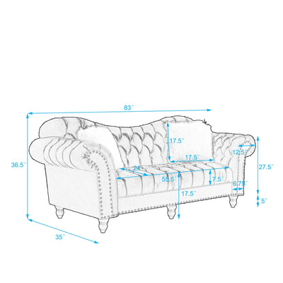 3 Piece Living Room Sofa Set, including 3-Seater Sofa, Loveseat and Sofa Chair, with Button and Copper Nail on Arms and Back, Five White Villose Pillow, Blue.