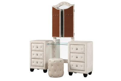 Sophia Crystal Tufted Queen 5 Pc Vanity Bedroom Set Made with Wood in Cream