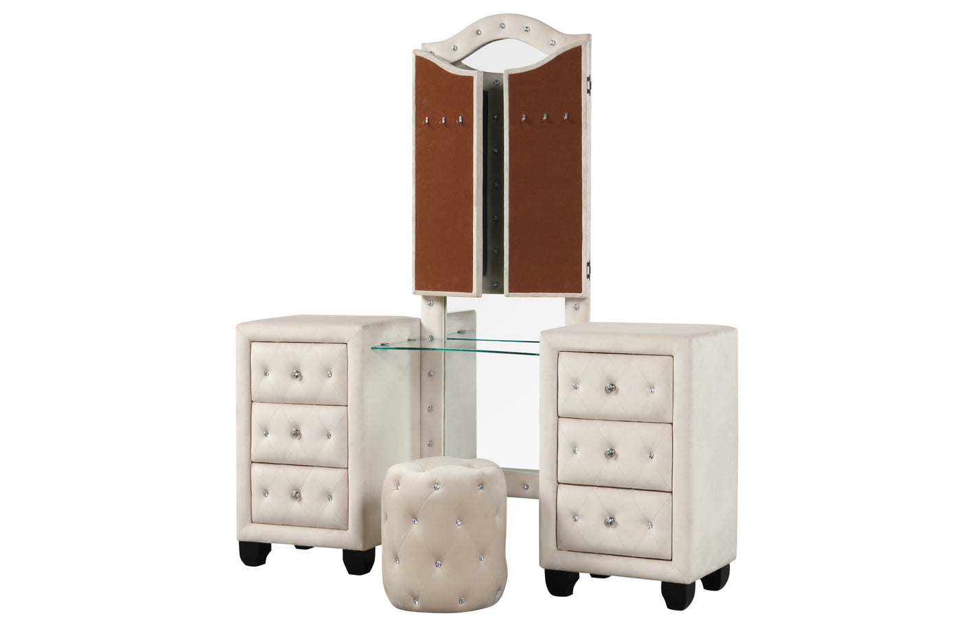 Sophia Crystal Tufted King 5 Pc Vanity Bedroom Set Made with Wood in Cream