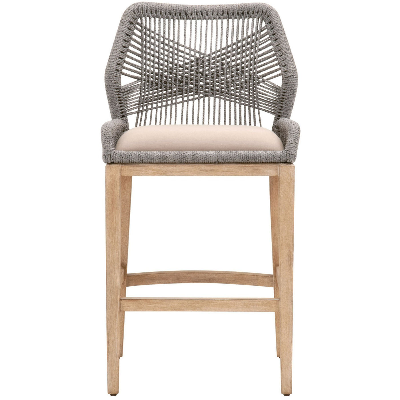 Counter Stool with Wooden Legs and Rope Back, Gray and Brown