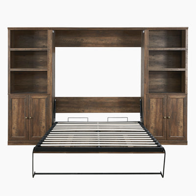 Full Size Half Self-Close and Open Murphy Bed with 2 Side Cabinet Storage Shelf, Cabinet Space-Saving Bed Perfect for Guest Room, Bed Room, Guest Room, Home Office, Brown