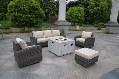 Direct Wicker 6-Piece Gray Wicker Patio Seating Sofa Set with Firepit Table