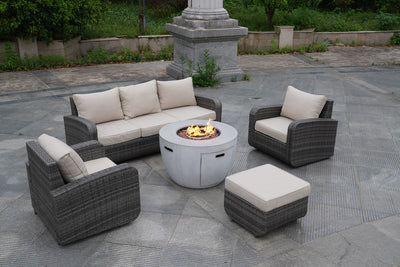 Direct Wicker 6-Piece Gray Wicker Patio Seating Sofa Set with Firepit Table