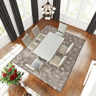 FX-D1 D1DINING SET Include  6*Chair Light Beige ColorLinen & rubber wood White color  legs  And 1*Table  light grey withe color Total 7 pcs