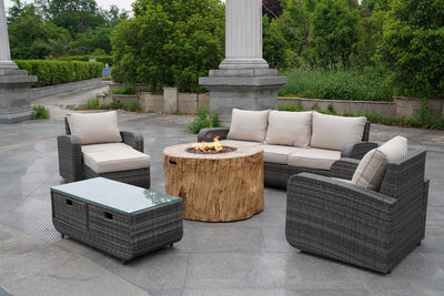 Direct Wicker 6-Piece Gray Wicker Patio Seating Sofa Set with Firepit Table