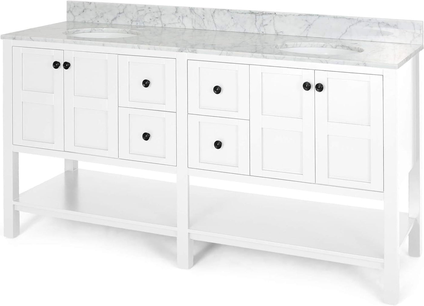 73'' Bathroom Vanity with Marble Top & Double Ceramic Sinks, 4 Doors, 4 Drawers, Open Shelf, White