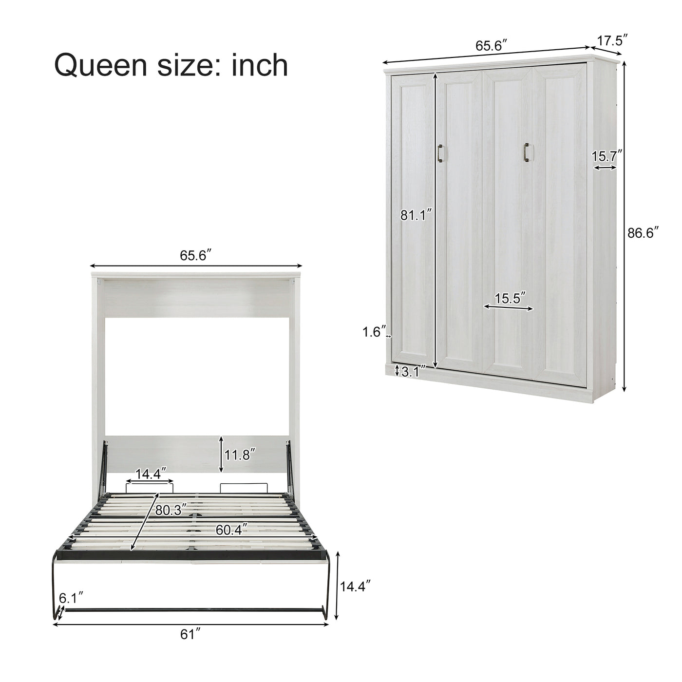 Queen Size Half Self-Close and Open Murphy Bed with 2 Side Cabinet Storage Shelf, Cabinet Space-Saving Bed Perfect for Guest Room, Bed Room, Guest Room, Home Office, Rustic White