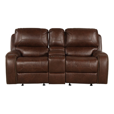 Achern Brown Leather-Air Nailhead Manual Reclining Sofa and Loveseat with Storage Console and USB Port