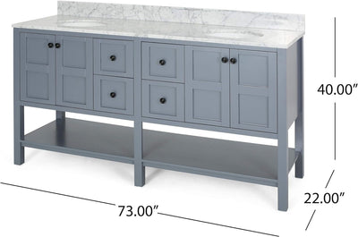 73'' Bathroom Vanity with Marble Top & Double Ceramic Sinks, 4 Doors, 4 Drawers, Open Shelf, Gray