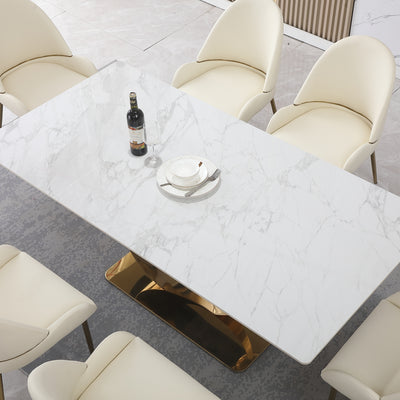 71-Inch Stone DiningTable with Carrara White color and Round special shape carbon steel  Pedestal Base with 6PCS Chairs