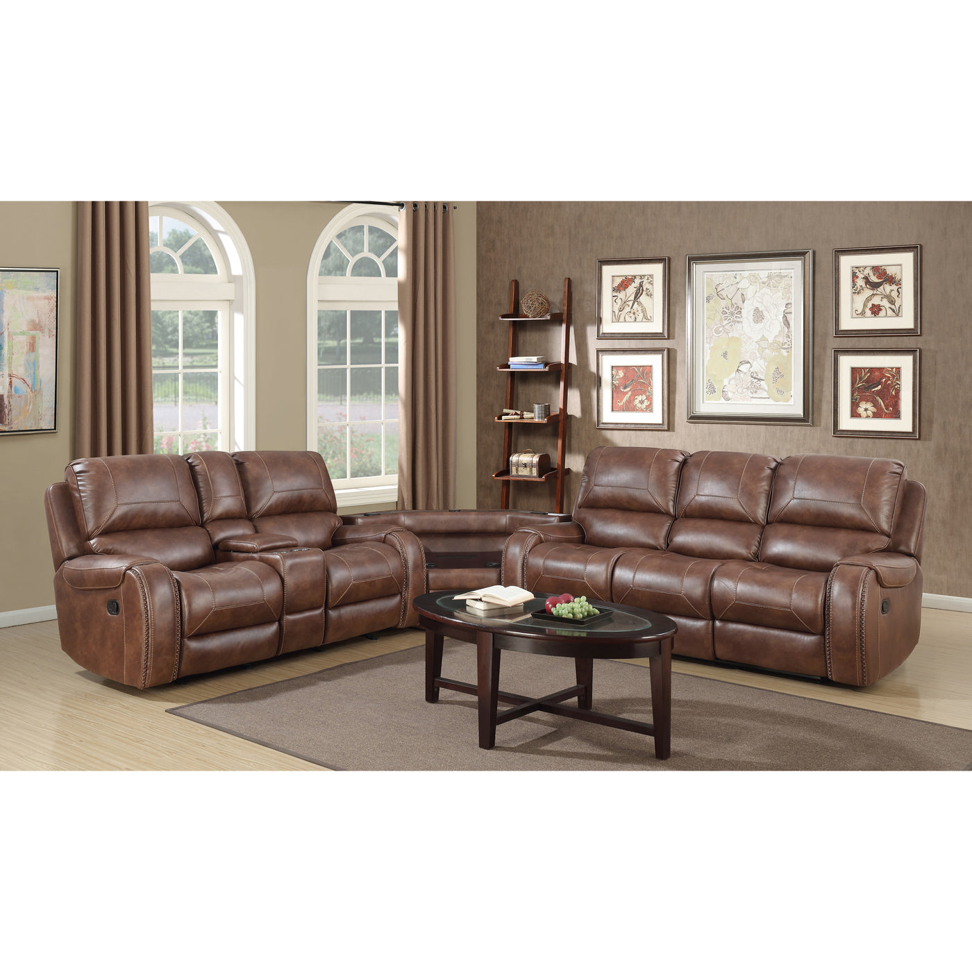 Achern Brown Leather-Air Nailhead Manual Reclining Sofa and Loveseat with Storage Console and USB Port