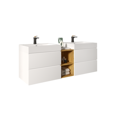 U062-Alice60W-201 Alice 60" White Bathroom Vanity with Double Sinks and Open Shelf, Modern Wall Mounted Floating Bathroom Vanity, One-Piece Sink Basin without Drain and Faucet