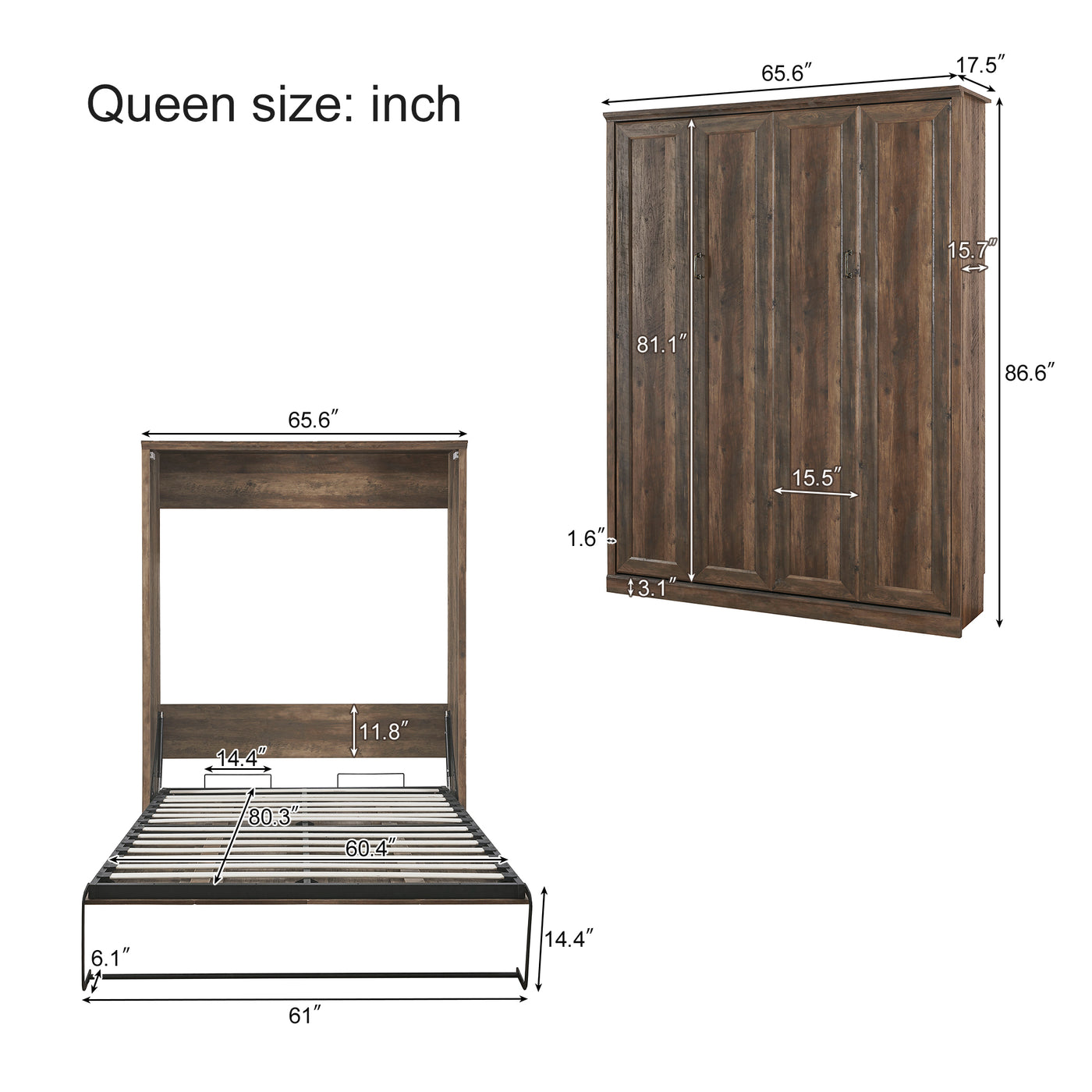 Queen Size Half Self-Close and Open Murphy Bed with 2 Side Cabinet Storage Shelf, Cabinet Space-Saving Bed Perfect for Guest Room, Bed Room, Guest Room, Home Office, Brown