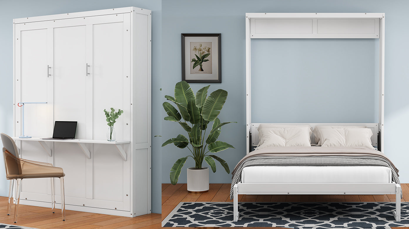 Queen Size Murphy Bed with 2 Side Cabinet Storage Shelves, 68-inch Cabinet Bed Folding Wall Bed with Desk Combo Perfect for Guest Room, Study, Office,White(old sku:BS400491AAC)