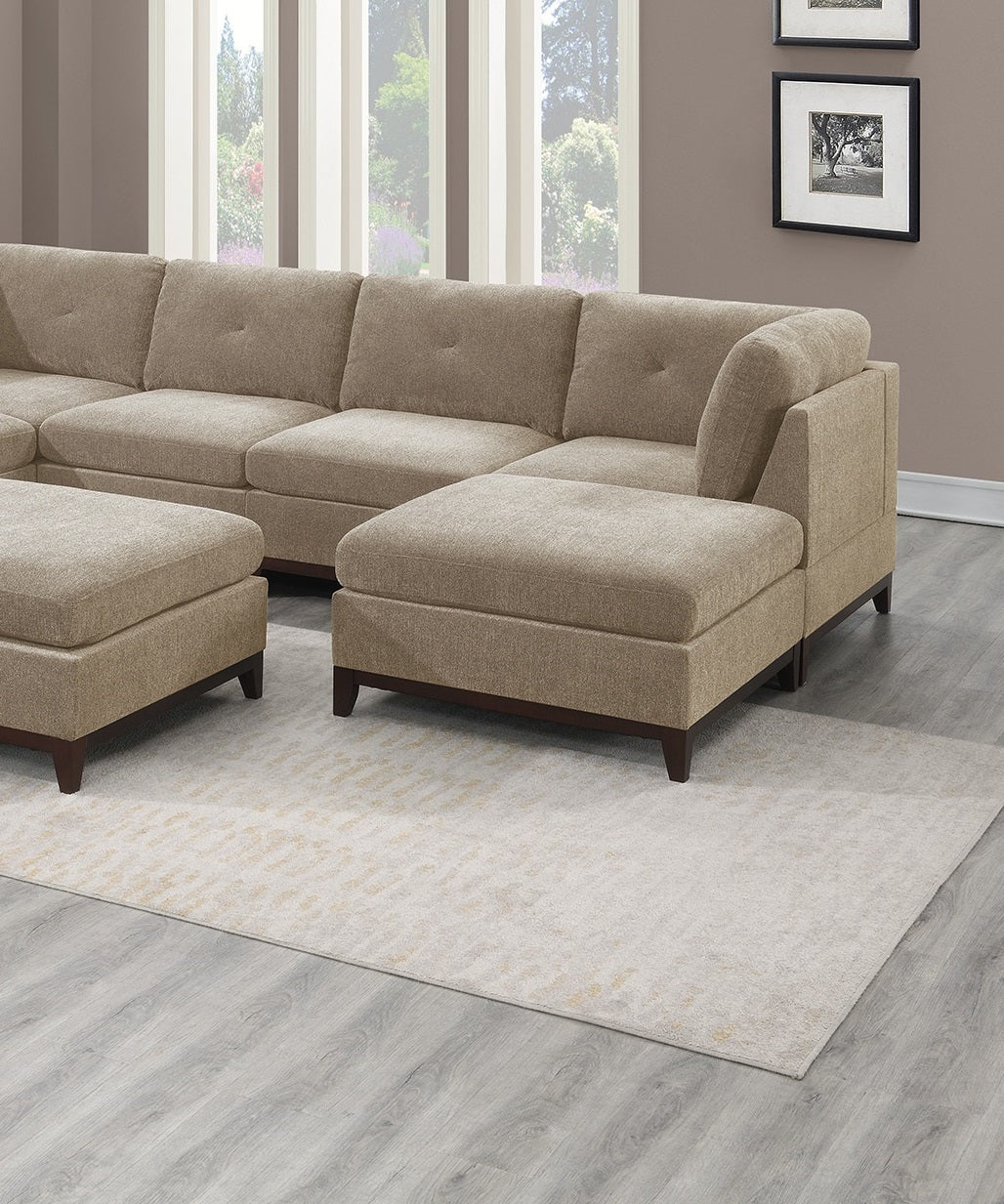 Camel Chenille Fabric Modular Sectional 9pc Set Living Room Furniture Corner Sectional Couch 3x Corner Wedge 4x Armless Chairs and 2x Ottomans Tufted Back Exposed Wooden Base