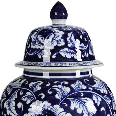 BENZARA Floral Design Ginger Jar with Lid, Blue and White - BM145820