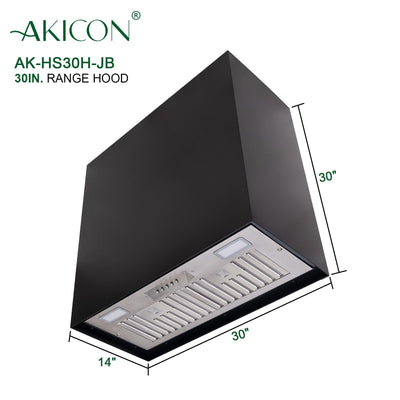 Akicon 30" Stainless Steel Range Hood, Modern Box Kitchen Hood with Powerful Vent Motor, Wall Mount, 30”W*30”H*14D, Jet Black