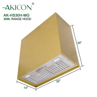 Akicon 30" Stainless Steel Range Hood, Modern Box Kitchen Hood with Powerful Vent Motor, Wall Mount, 30”W*30”H*14D, Matte Gold