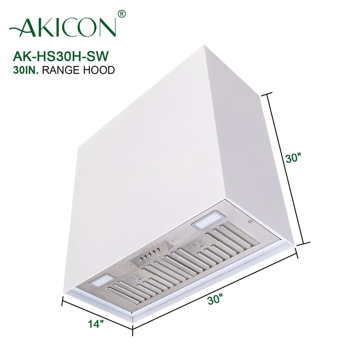 Akicon 30" Stainless Steel Range Hood, Modern Box Kitchen Hood with Powerful Vent Motor, Wall Mount, 30”W*30”H*14"D, Signal White