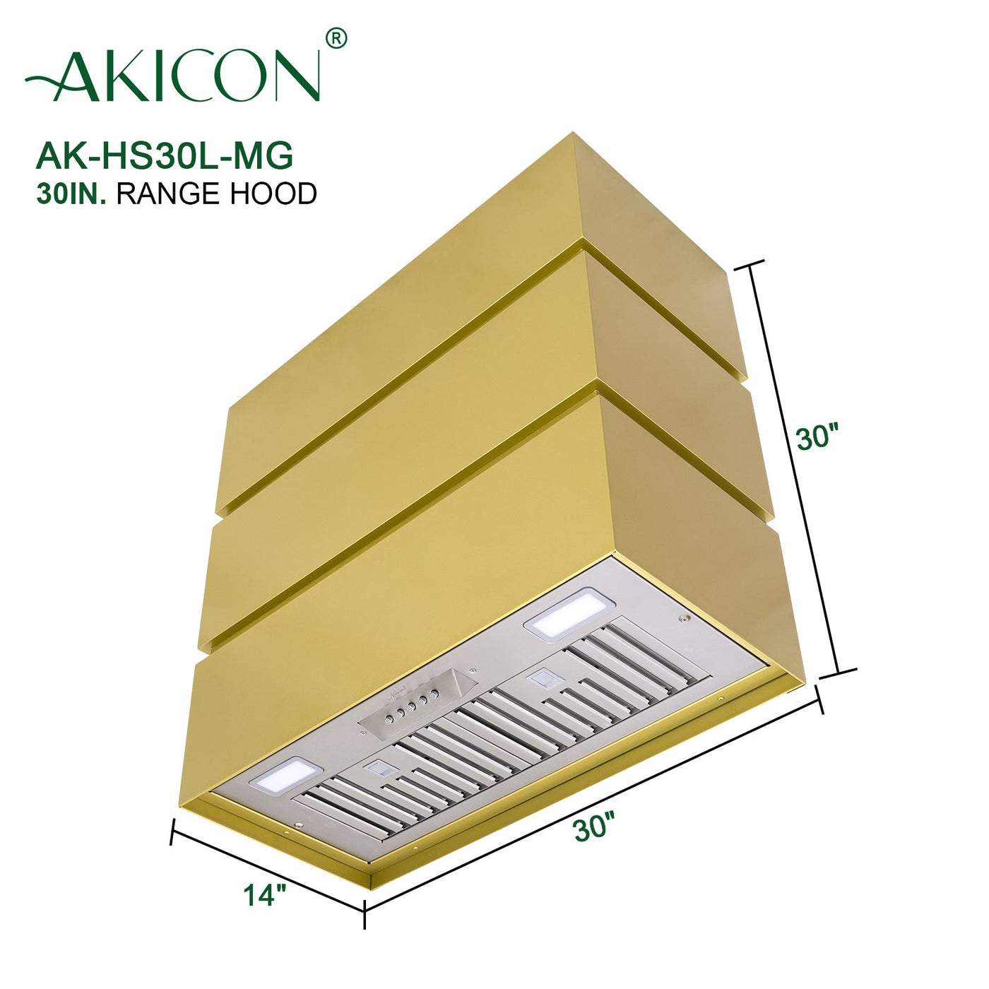 Akicon 30" Stainless Steel Range Hood, 3 Stacks Modern Box Kitchen Hood with Powerful Vent Motor, Wall Mount, 30”W*30”H*14"D, Matte Gold