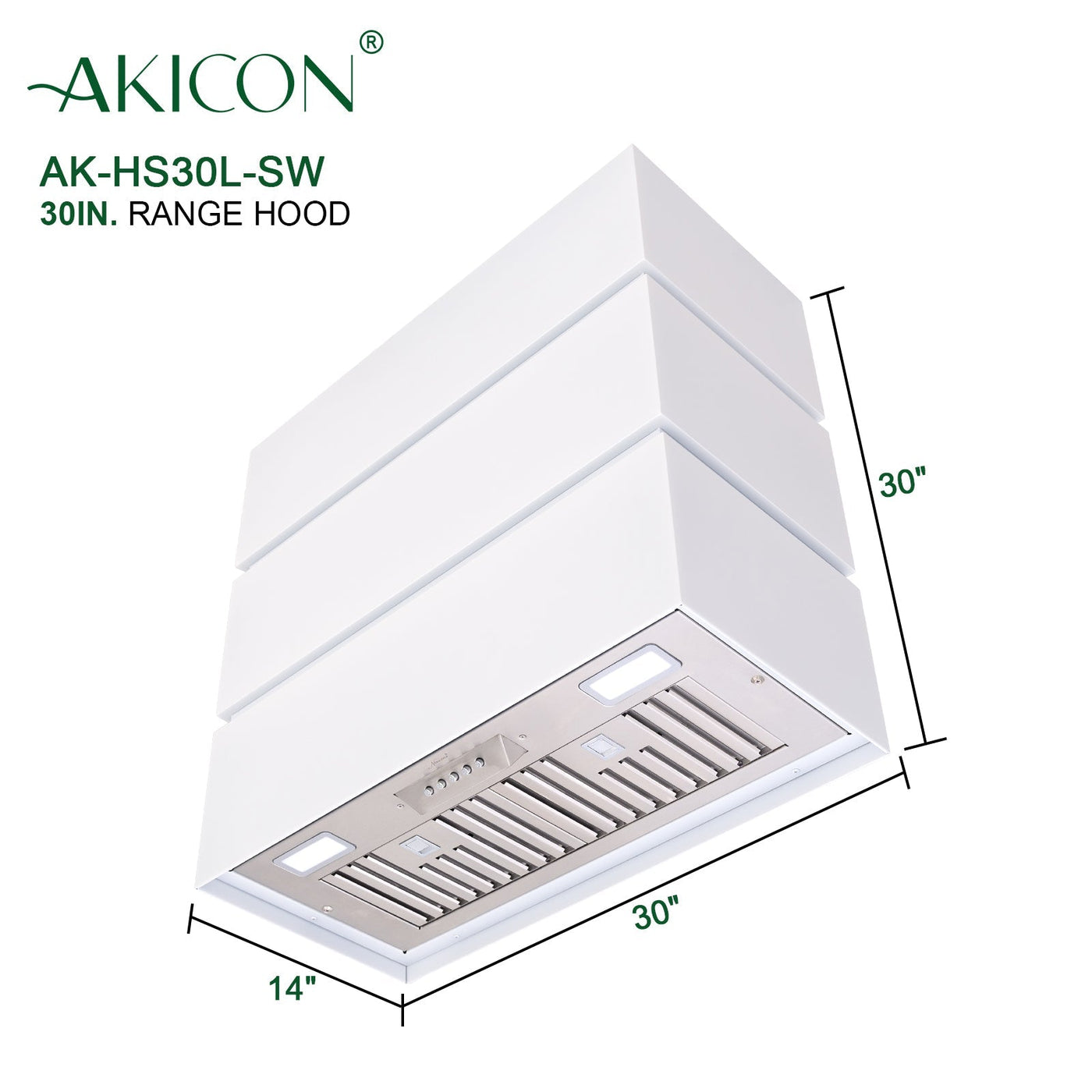 Akicon 30" Stainless Steel Range Hood, 3 Stacks Modern Box Kitchen Hood with Powerful Vent Motor, Wall Mount, 30”W*30”H*14"D, Signal White