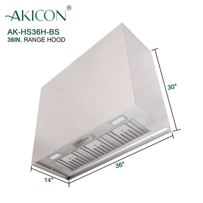 Akicon 36" Stainless Steel Range Hood, Modern Box Kitchen Hood with Powerful Vent Motor, Wall Mount, 36”W*30”H*14"D, Brushed Stainless