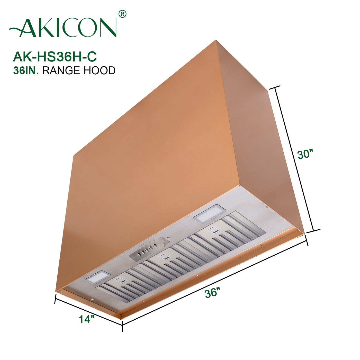 Akicon 36" Stainless Steel Range Hood, Modern Box Kitchen Hood with Powerful Vent Motor, Wall Mount, 36”W*30”H*14"D, Copper