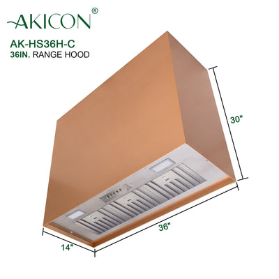 Akicon 36" Stainless Steel Range Hood, Modern Box Kitchen Hood with Powerful Vent Motor, Wall Mount, 36”W*30”H*14"D, Copper