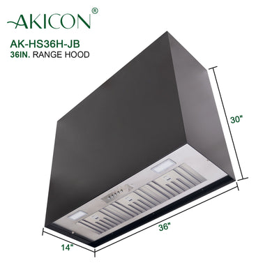 Akicon 36" Stainless Steel Range Hood, Modern Box Kitchen Hood with Powerful Vent Motor, Wall Mount, 36”W*30”H*14"D, Jet Black