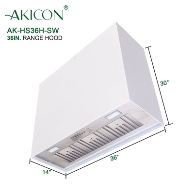 Akicon 36" Stainless Steel Range Hood, Modern Box Kitchen Hood with Powerful Vent Motor, Wall Mount, 36”W*30”H*14"D, Signal White