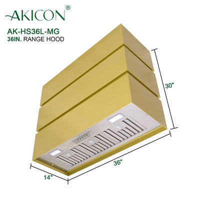 Akicon Stainless Steel Range Hood, 3 Stacks Modern Box Kitchen Hood with Powerful Vent Motor, Wall Mount, 42”W*30”H*21"D, Matte Gold for Eboni