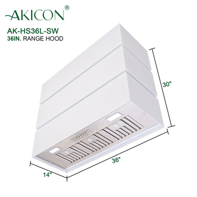 Akicon 36" Stainless Steel Range Hood, 3 Stacks Modern Box Kitchen Hood with Powerful Vent Motor, Wall Mount, 36”W*30”H*14"D, Signal White