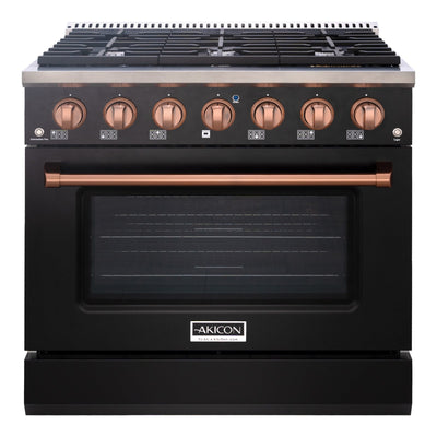 Akicon 36" Slide-in Freestanding Professional Style Gas Range with 5.2 Cu. Ft. Oven, 6 Burners, Convection Fan, Cast Iron Grates. Black & Gold