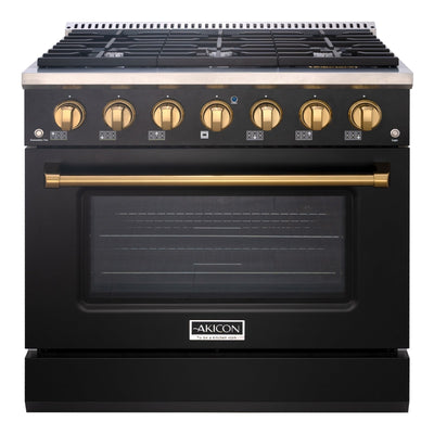 Akicon 36" Slide-in Freestanding Professional Style Gas Range with 5.2 Cu. Ft. Oven, 6 Burners, Convection Fan, Cast Iron Grates. Black & Gold