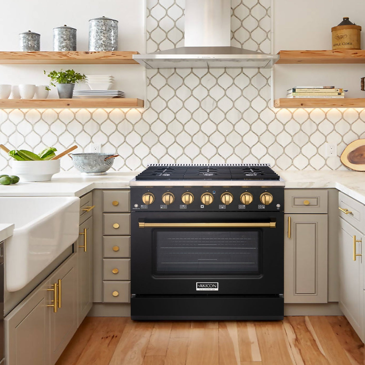 Akicon 36" Slide-in Freestanding Professional Style Gas Range with 5.2 Cu. Ft. Oven, 6 Burners, Convection Fan, Cast Iron Grates. Black & Gold