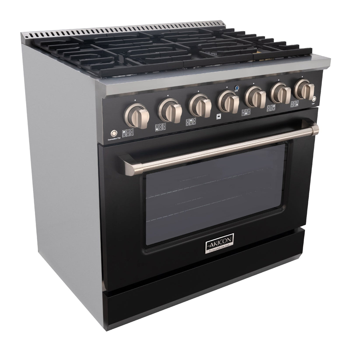 Akicon 36" Slide-in Freestanding Professional Style Gas Range with 5.2 Cu. Ft. Oven, 6 Burners, Convection Fan, Cast Iron Grates. Black & Stainless Steel