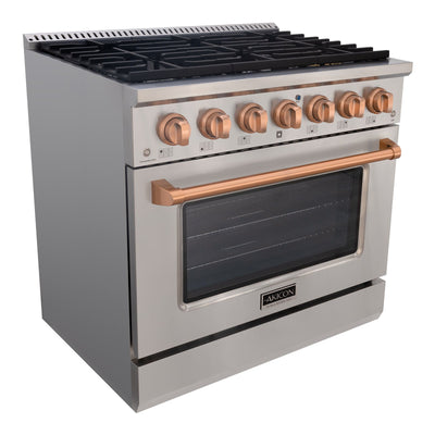 Akicon 36" Slide-in Freestanding Professional Style Gas Range with 5.2 Cu. Ft. Oven, 6 Burners, Convection Fan, Cast Iron Grates. Stainless Steel & Copper