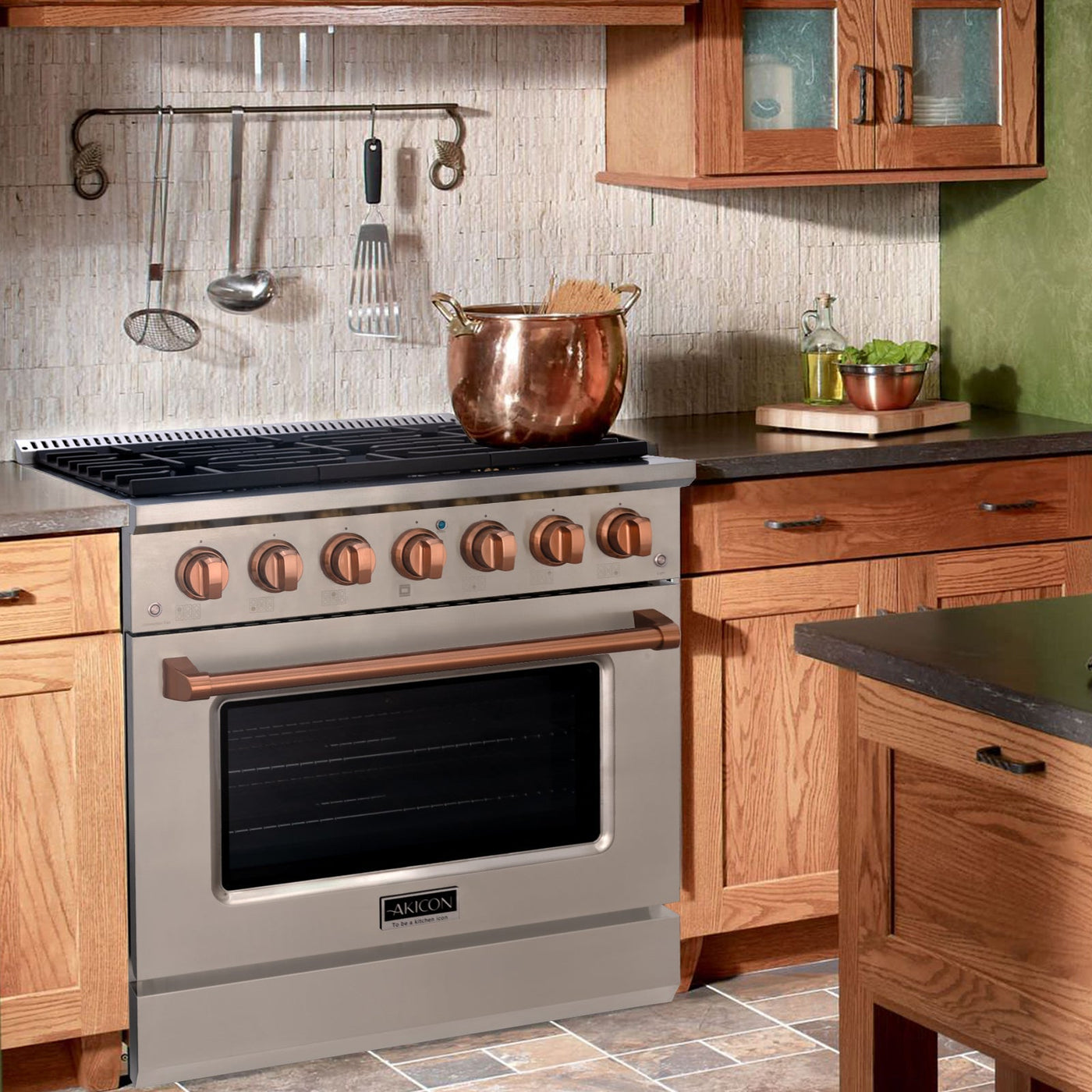 Akicon 36" Slide-in Freestanding Professional Style Gas Range with 5.2 Cu. Ft. Oven, 6 Burners, Convection Fan, Cast Iron Grates. Stainless Steel & Copper