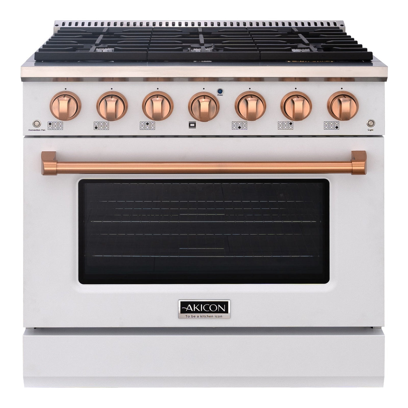 Akicon 36" Slide-in Freestanding Professional Style Gas Range with 5.2 Cu. Ft. Oven, 6 Burners, Convection Fan, Cast Iron Grates. White & Copper