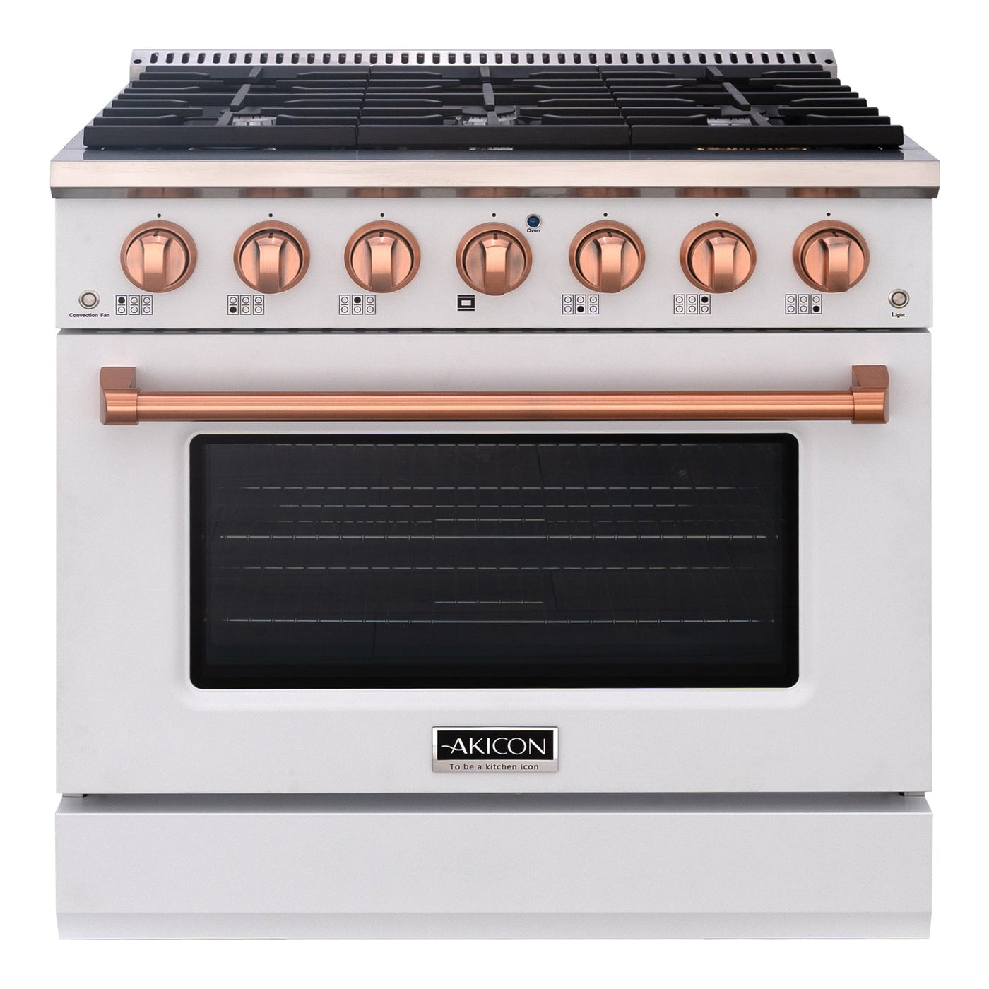 Akicon 36" Slide-in Freestanding Professional Style Gas Range with 5.2 Cu. Ft. Oven, 6 Burners, Convection Fan, Cast Iron Grates. White & Gold