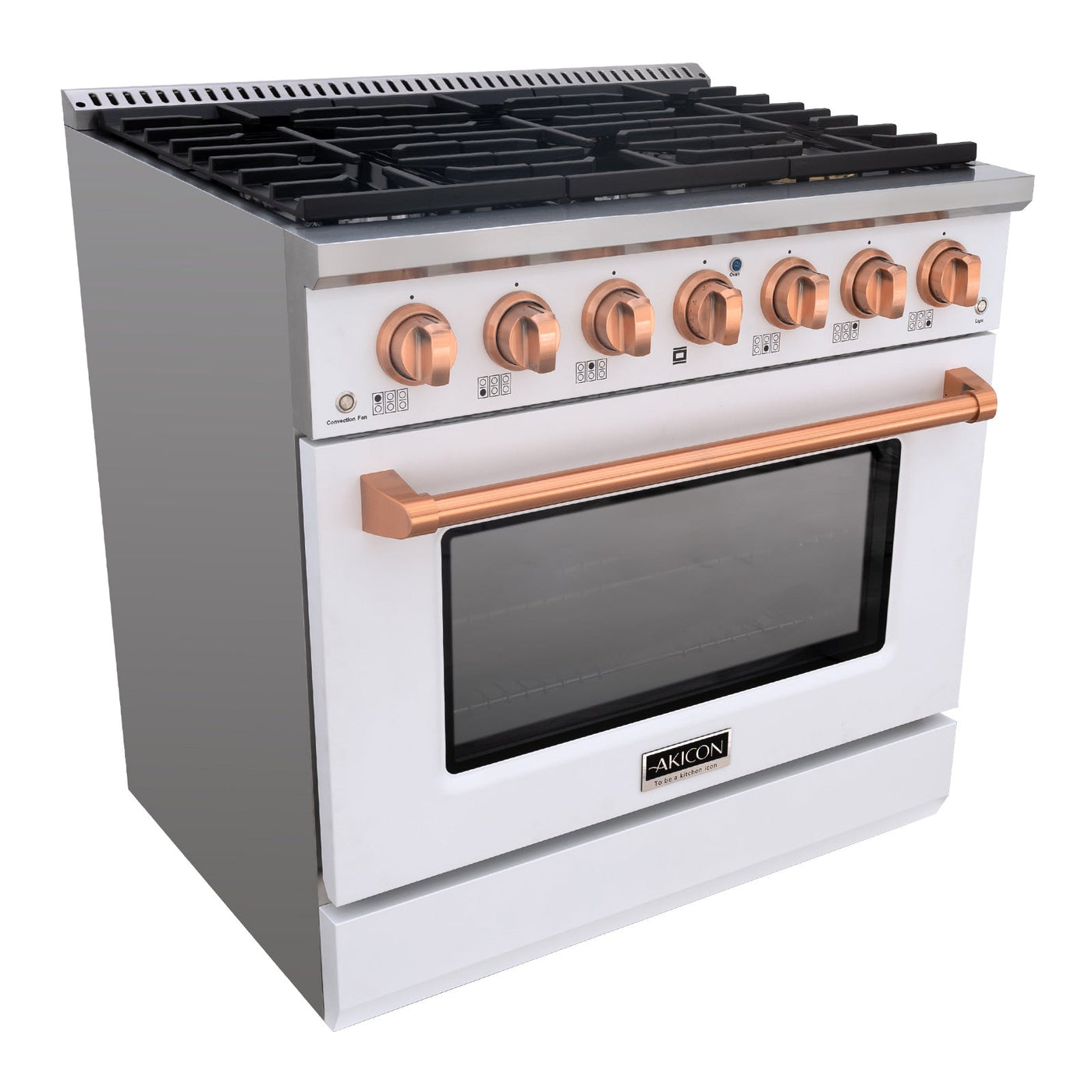 Akicon 36" Slide-in Freestanding Professional Style Gas Range with 5.2 Cu. Ft. Oven, 6 Burners, Convection Fan, Cast Iron Grates. White & Copper