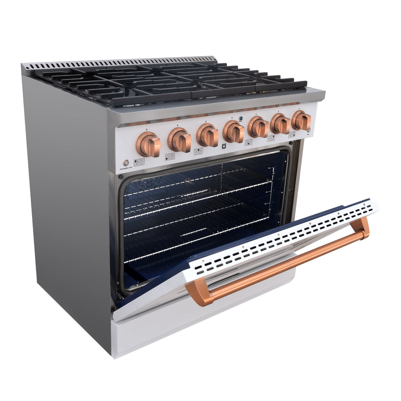 Akicon 36" Slide-in Freestanding Professional Style Gas Range with 5.2 Cu. Ft. Oven, 6 Burners, Convection Fan, Cast Iron Grates. White & Copper