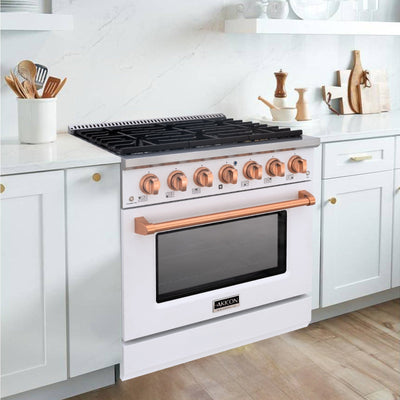 Akicon 36" Slide-in Freestanding Professional Style Gas Range with 5.2 Cu. Ft. Oven, 6 Burners, Convection Fan, Cast Iron Grates. White & Copper