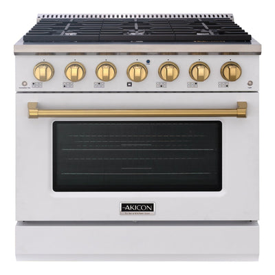 Akicon 36" Slide-in Freestanding Professional Style Gas Range with 5.2 Cu. Ft. Oven, 6 Burners, Convection Fan, Cast Iron Grates. White & Gold