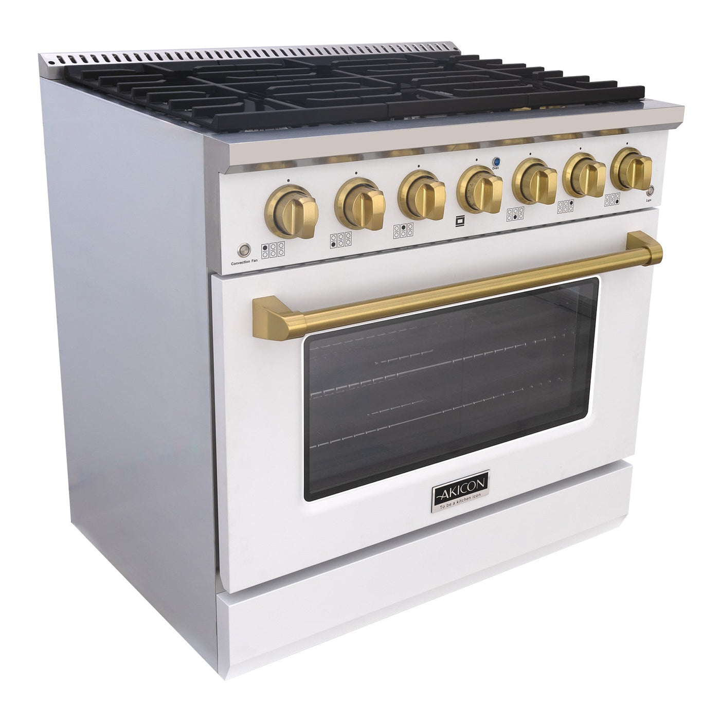 Akicon 36" Slide-in Freestanding Professional Style Gas Range with 5.2 Cu. Ft. Oven, 6 Burners, Convection Fan, Cast Iron Grates. White & Gold