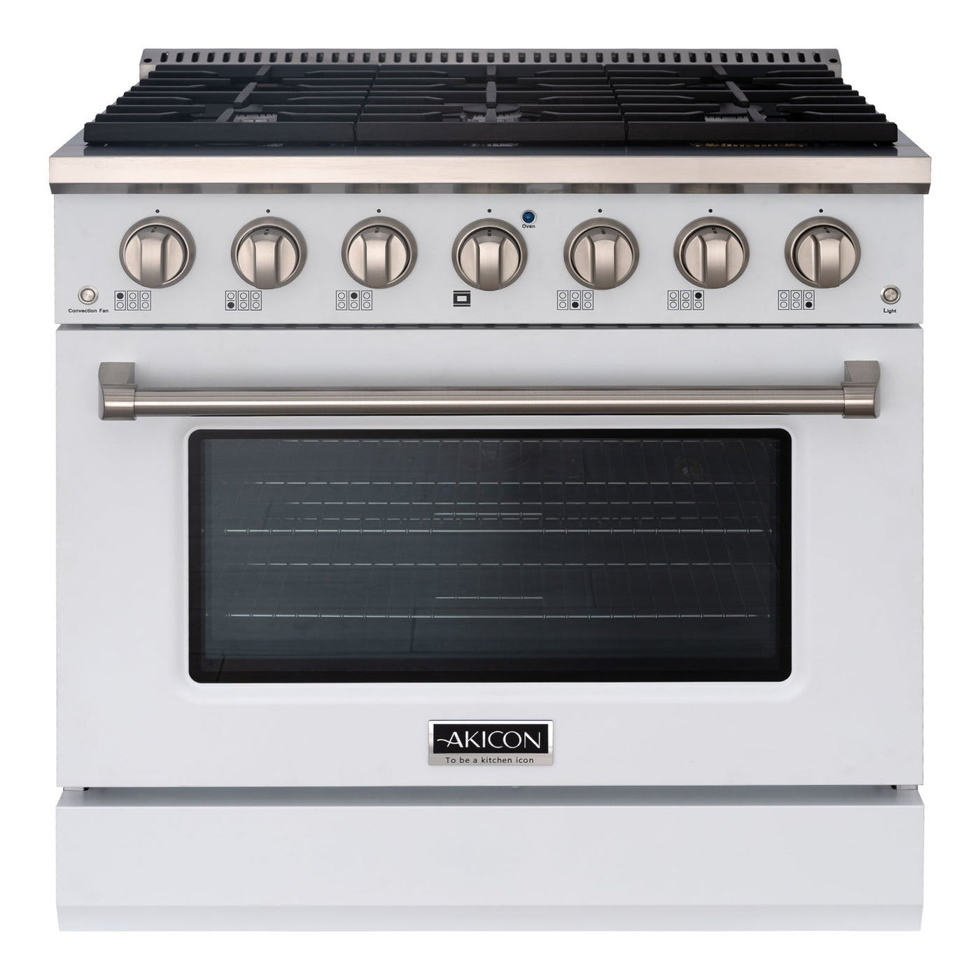 Akicon 36" Slide-in Freestanding Professional Style Gas Range with 5.2 Cu. Ft. Oven, 6 Burners, Convection Fan, Cast Iron Grates. White & Stainless Steel